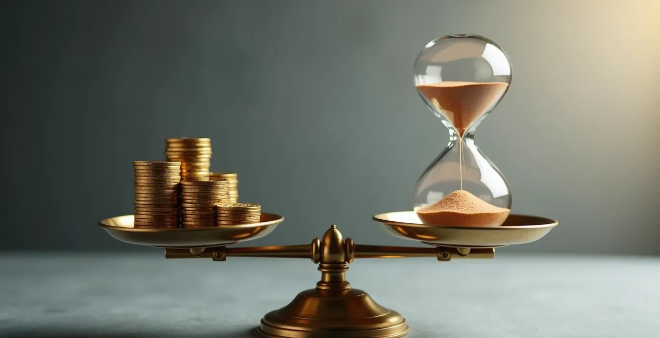 Balance équilibrée avec pièces dorées d'un côté et sablier de l'autre